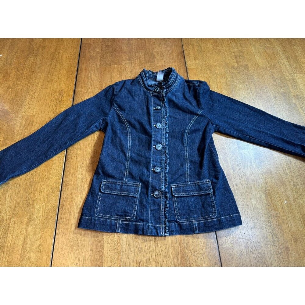 Womens Laura Scott Dark Wash denim Jacket With Ruffle Trim Size Small EUC